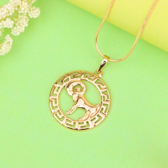 "Zodiac Ram Rose Gold Round Pendant in Geometric Border Design, XPPT1328 - Picture 9 of 13